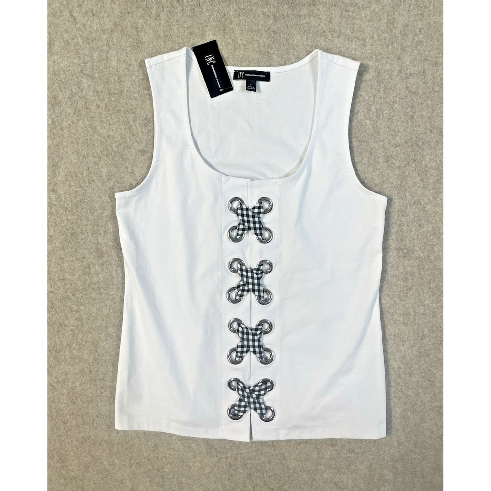 NWT INC International Concepts womens Gingham Lace Up White Checkered Sleeveless